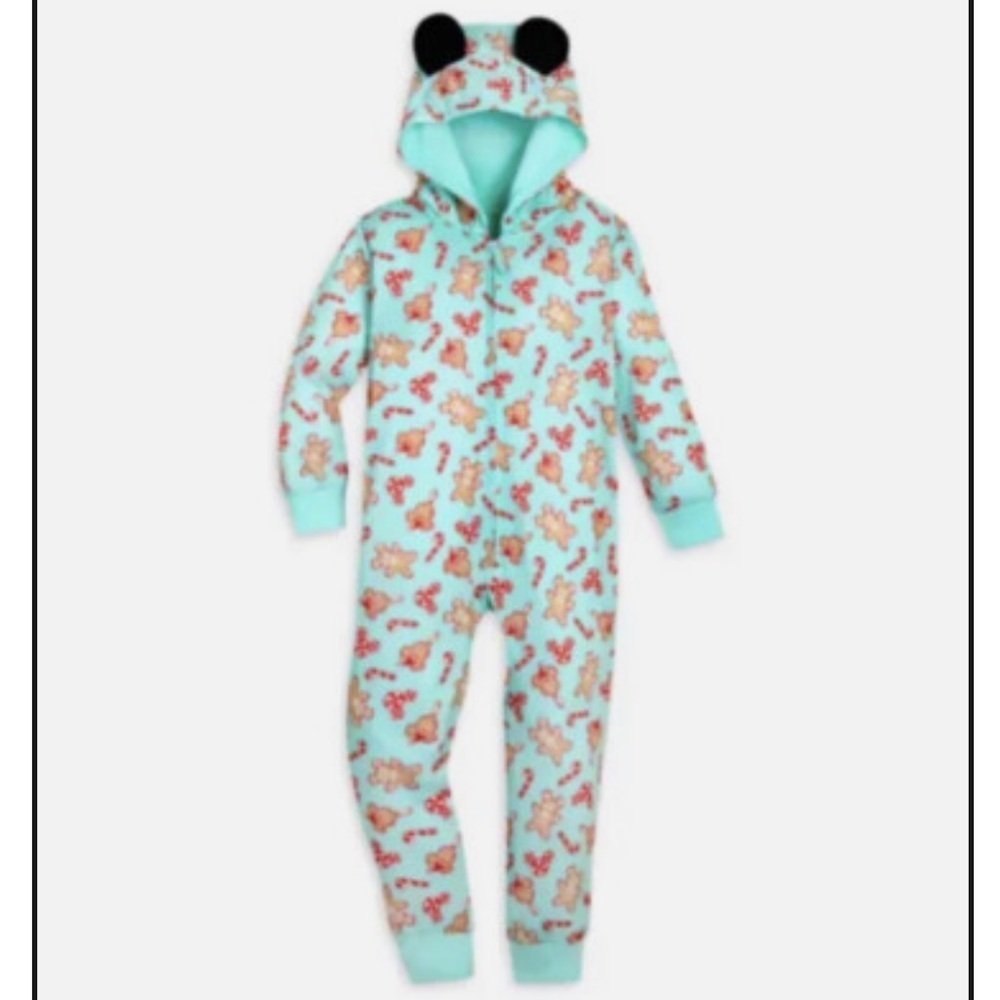 Disney Mickey Bars Mouse Holiday Gingerbread Hooded Romper Pajamas Kids 5/6 Blue